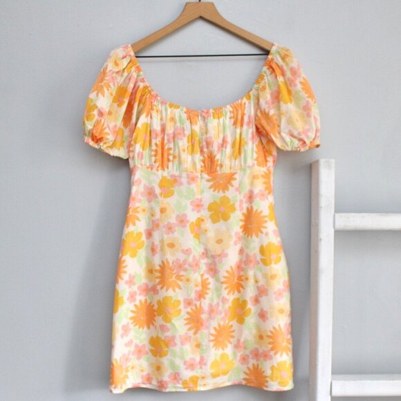 SABO Enga Dress Sunny Floral Orange Bust Cutout Puff Sleeve Mini Dess SZ Medium - Picture 4 of 8